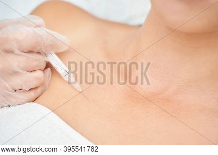 Near Eye Injection At Spa Salon. Doctor Hands. Closeup. High Quality. Pretty Female Patient. Beauty 