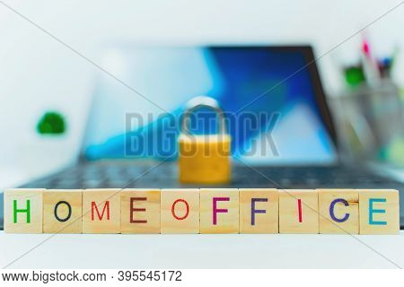 Home Office And Data Safety Concept. Computer With Lock On Typepad. Business, Technology, Internet A