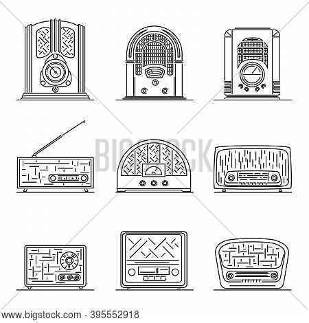 Set Of Simple Vector Images Of Retro Tube Radios In Wooden Box Drawn In Art Line Style.