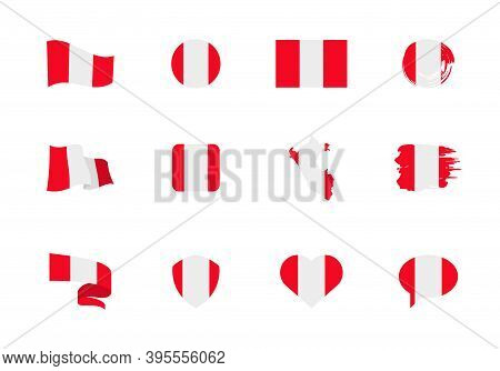 Flags Of Peru - Flat Collection. Flags Of Different Shaped Twelve Flat Icons.