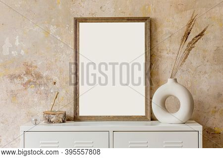 Interior Design Of Living Room With Wooden Poster Mock Up Frame And Elegant Personal Accessoreis. Gr