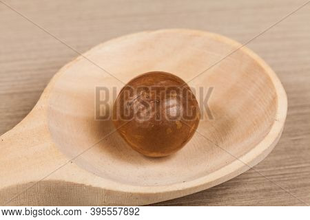 Macadamia Integrifolia - Wooden Spoon With A Macadamia Nut; Photo On Wooden Background.