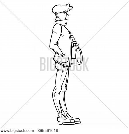 Young Man In A Coat And A Cap Headwear With A Travel Bag On His Shoulder. Haracter Outline Cartoon I