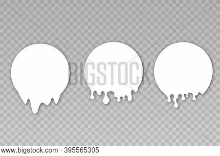 Melted White Sticker. Paint Drip Stickers, Circle White Melt Drop Vector Icons.