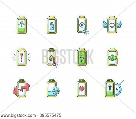 Battery Status Rgb Color Icons Set. Innovational Charging Process. Using Cables For Getting Electric