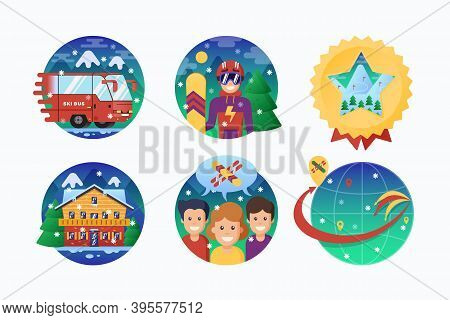 Ski Or Snowboard Resort Icons Collection. Vector Circle Banners Of Snowboarding Instructor, Ski Bus,