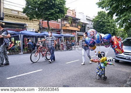 Buenos Aires / Argentina; Nov 14, 2020: People Walking On A Temporarily Pedestrianized Street To Fac