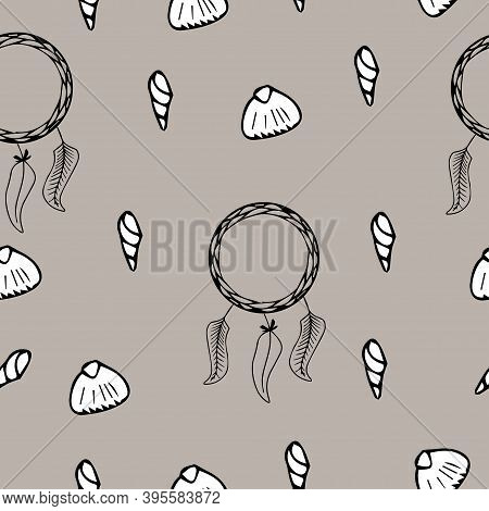 Dream Catcher And Sea Shells Vector Seamless Pattern