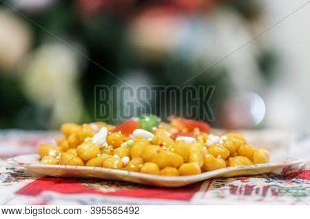Homemade Sweet Italian Struffoli, Shortcrust Balls Fried And Dipped In Honey With Sprinkles. Typical