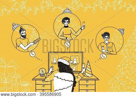 Group Online Chat, The Girl At The Computer Celebrates The Holiday With Friends, New Year, Christmas
