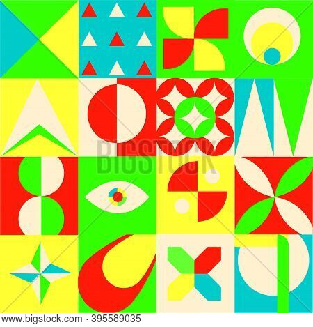 Neo Geometric Pattern With Very Bright Colors. Wallpaper, Fabric, Textile