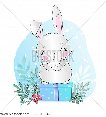 Hand Drawn Cute Rabbit Vector And A Gift With A Bow Litlle Bunny