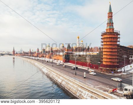 View On Kremlin Walls, Ivan The Great Bell Tower, Beklemishevskaya Tower Under Re-construction. Arch