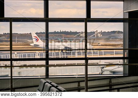 Narita, Japan - Feb 03, 2020: The Area Of The Narita Airport In Tokyo. Plane Parking At Narita Airpo