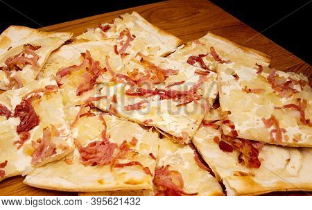 Tarte Flambee Is A Kind Of French Pizza From Alsace Made From A Very Thin Layer Of Pastry Topped Wit