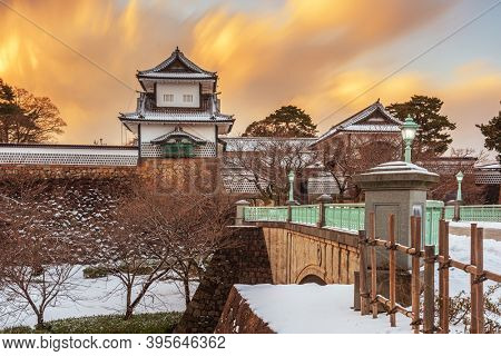 Kanazawa, Japan at Kanazawa Castle on a winter dusk.