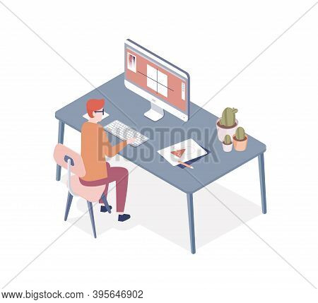 Professional Designer Sitting At Desk And Preparing Files For Print. Printshop Specialist Working. C