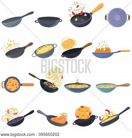 Wok Frying Pan Icons Set. Cartoon Set Of Wok Frying Pan Vector Icons For Web Design