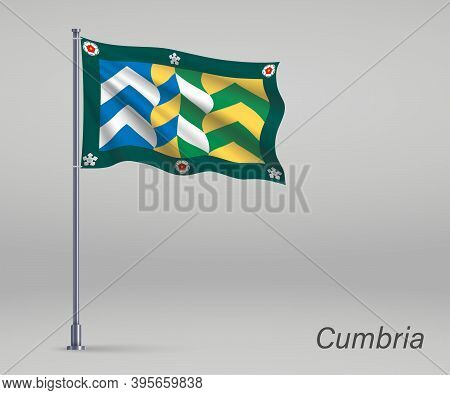 Waving Flag Of Cumbria - County Of England On Flagpole. Template