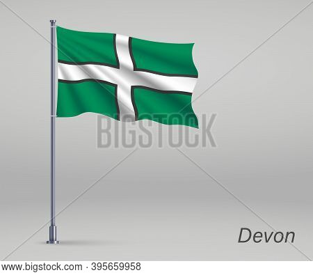 Waving Flag Of Devon - County Of England On Flagpole. Template F