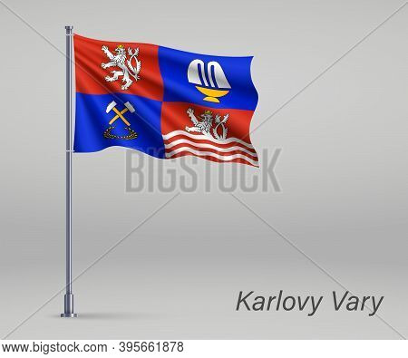Waving Flag Of Karlovy Vary - Region Of Czech Republic On Flagp