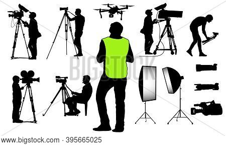 Silhouettes Of Cameramen With Video And Photo Equipment, Quadcopter And Etc., Set. Vector Illustrati