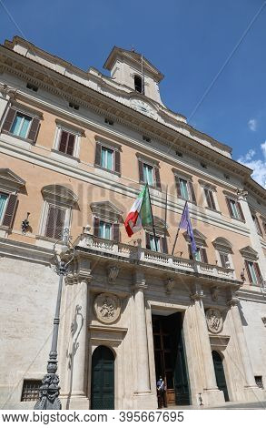 Roma, Rm, Italy - August 17, 2020: Facade Of Palace Called Palazzo Montecitorio Seat Of Parliament