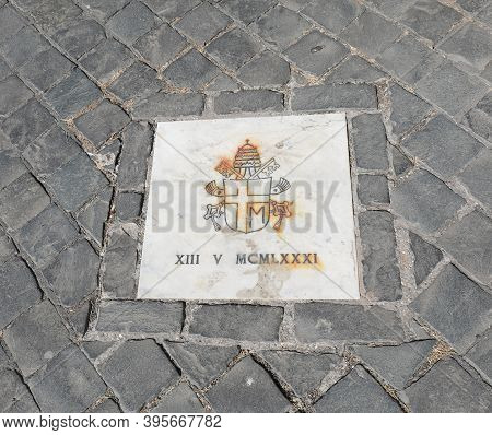 Vaticano City, Va, Vatican - August 16, 2020: Mattonella In Piazza San Pietro Which Indicates The Pr