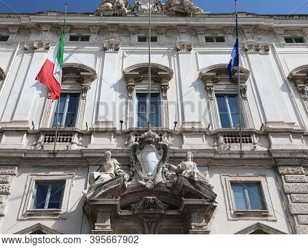 Roma, Rm, Italy - August 17, 2020: Facade Of Palace Called Palazzo Chigi Seat Of Government