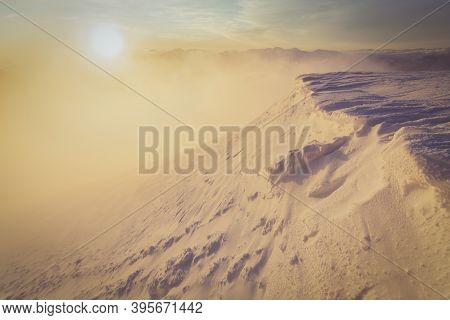 Beautiful Winter Landscape In The Carpathians. Dawn From The Top Of Hoverla. Cold Snowy Weather. On 