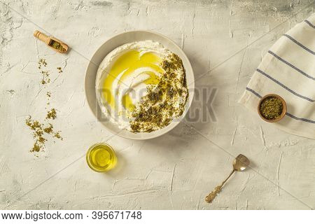 Popular Middle Eastern Appetizer Labneh Or Labaneh, Soft White Goat Milk Cheese With Olive Oil, Hyss