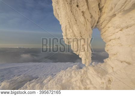 Beautiful Winter Landscape In The Carpathians. Dawn From The Top Of Hoverla. Cold Snowy Weather. On 