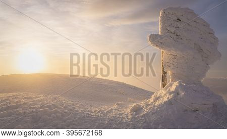 Beautiful Winter Landscape In The Carpathians. Dawn From The Top Of Hoverla. Cold Snowy Weather. On 