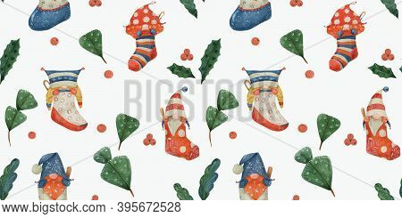 Christmas Watercolor Seamless Pattern With Gnomes And Poinsettia And Ceder, Traced Watercolor