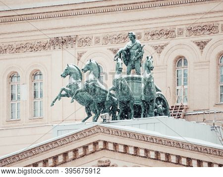 Moscow, Russia - December 28, 2018. Figure Of The God Apollo On Quadriga On The Pediment Of The Bols