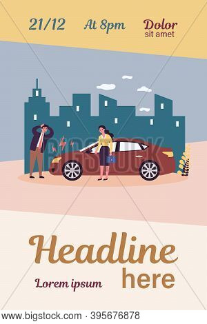Drivers Upset About Car Breakdown. City Traffic, Engine Failure, Damage Flat Vector Illustration. Au