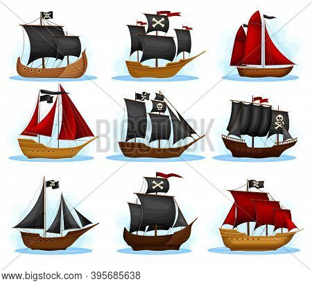 Pirate Ship Or Vessel With Black And Red Sail And Skull On It Vector Set