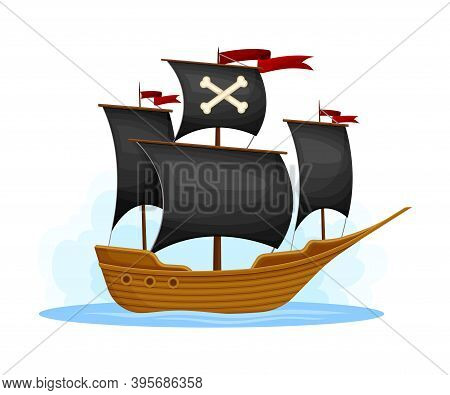 Wooden Pirate Ship Or Vessel With Black Sail And Crossbones Vector Illustration