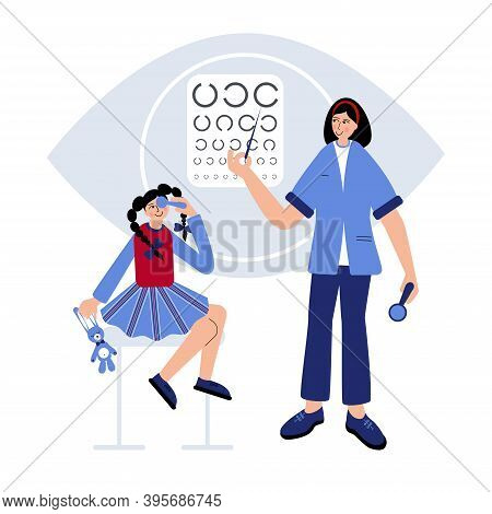 Girl Is Sitting In A Chair With Eye Closed, To Check Up Her Eyesight. Young Doctor Is Checking Up Ch