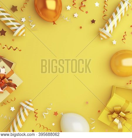 Happy New Year 2021 Decoration Background Concept With Gift Box, Firework Rocket, Balloon, Ribbon, C
