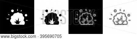 Set Bomb Explosion With Shrapnel And Fireball Icon Isolated On Black And White Background. Vector