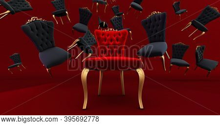 The Royal Throne In The Room With Falling Black Chair. Red Carpet Leading To The Luxurious Throne, P