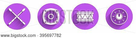 Set Drum Sticks, Stereo Speaker, Drum And Dial Knob Level Technology Settings Icon With Long Shadow.