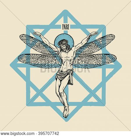 Hand-drawn Illustration With A Crucifix And The Inscription Inri. Abstract Religious Banner With Cru