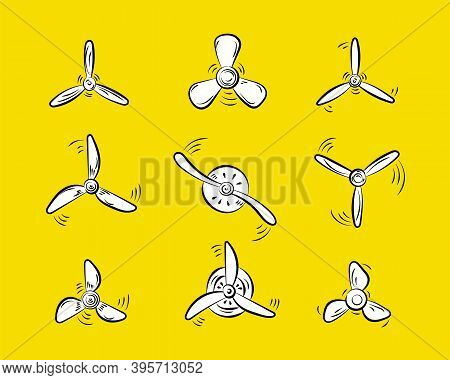 Set Of Propellers Plane. Hand Drawn Doodle. Fan, Propellers, Rotor Mover, Aircraft Propeller Icons, 