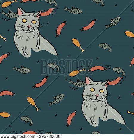 Vector Seamless Pattern Of Dizzy Cats Dreaming About Delicacies - Fish, Sausages, Chicken. Funny Car