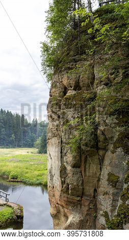 Anfabrika Rocks And Cellars In Ligatne Town An Old Floodgate Dam. Ancient Sandstone Caves And Ancien