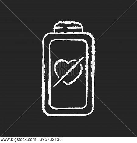 Fully Discharged Battery Chalk White Icon On Black Background. Low Percantage On Your Device. Disabl