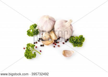 Garlic Parsley And Pepper Isolated On White Background