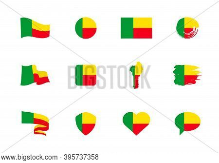 Benin Flag - Flat Collection. Flags Of Different Shaped Twelve Flat Icons.